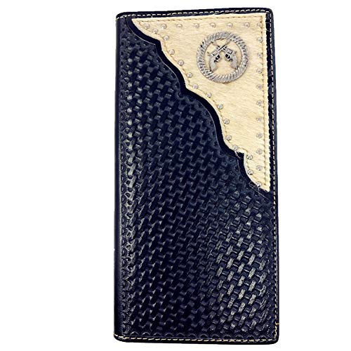 Premium Western Genuine Woven Leather Cow Fur Double Pistols Mens Bifold Wallet In 3 Color