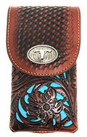 Texas West Western Cowboy Tooled Floral Leather Longhorn Concho Belt Loop Extra Large Cellphone Holster Case