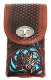 Texas West Western Cowboy Tooled Floral Leather Longhorn Concho Belt Loop Extra Large Cellphone Holster Case