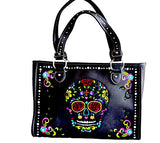 sugar skull day of the dead embroidery gun concealed carry handbag purse (GRAY)
