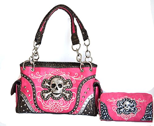 Stony West western rhinestone skull concho stitched handbag purse set (pink)