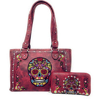 Western Womens Sugar Skull Rhinestone Flora Embroidery Concealed Carry Handbag/Wallet in Multi-Color