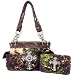 Premium Rhinestone Western Camouflage Cross Womens Shoulder Handbag Purse/Matching Wallet in 7 Colors