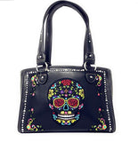 Western Sugar Skull Rhinestone Flora Embroider Concealed Carry Purse/Multi Color