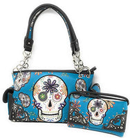 Texas West Women's Flora Candy Skull Concealed Carry Handbag and Matching wallet in Multi-color