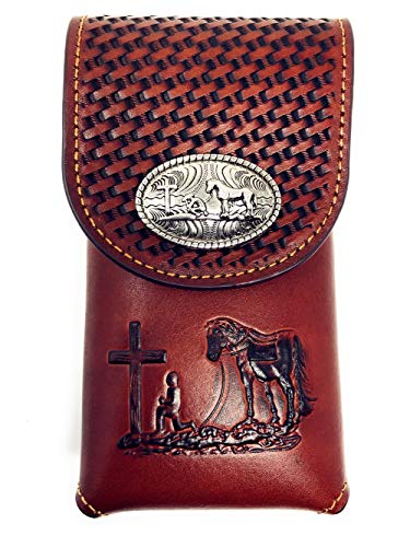 Texas West Western Cowboy Tooled Basketweave Leather Praying Cowboy Concho Belt Loop Cellphone Holster Case in 2 Colors