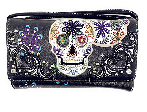 Texas West Western Rhinestone Flora Sugar Skull Crossbody Small Pouch Wallet in 3 colors