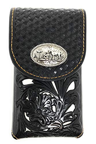 Texas West Western Cowboy Tooled Floral Leather Praying Cowboy Concho Belt Loop Medium Cellphone Holster Case