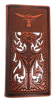 Western Men's Laser Cut Genuine Leather Longhorn Long Bifold Wallet