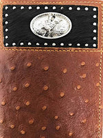 Western Men Brown Genuine Leather Ostrich CowFur Metal Emblem Tooled Long Wallet