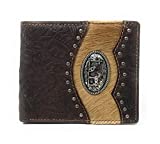 Western Genuine Tooled Leather Cowhide Cow Fur Praying Cowboy Mens Bifold Short Wallet in 3 colors