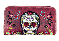 Western Sugar Skull Womens Embroidery Flora Cross Double Zipper Wallet