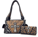 Premium Rhinestone Cross Cut Out Western Embroidered Womens Concealed Carry Handbag With Matching Wallet in 5 colors