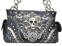 Zzfab Embroidered Concealed Carry Western Handbag Rhinestone Studded Skull Purse