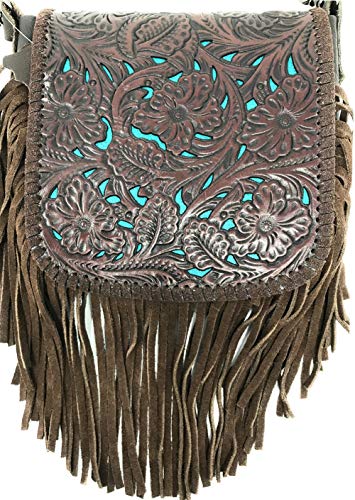 Western Genuine Leather Floral Tooled Fringe Womens Crossbody Bag 3 Color