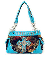 Premium Rhinestone Western Camouflage Cross Womens Shoulder Handbag Purse/Matching Wallet in 7 Colors (Blue)