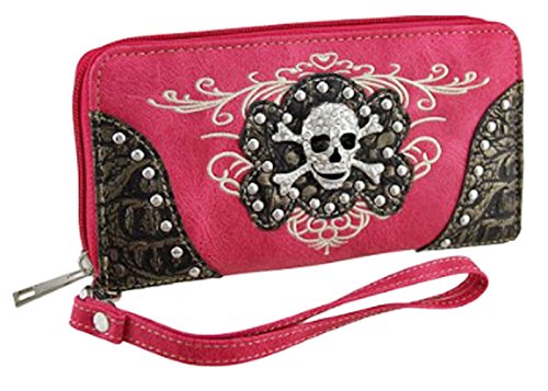 Zzfab Embroidered Rhinestone Studded Skull Wallet Pink