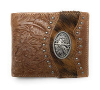 Western Genuine Tooled Leather Cowhide Cow Fur Rodeo Mens Bifold Short Wallet in 2 colors