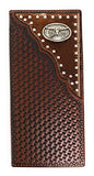 Western Men's Basketweave Genuine Leather Longhorn Long Cowhide Stud Bifold Wallet