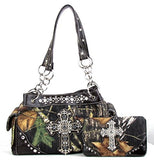 Western Handbag Camouflage Cross Camo Rhinestone Purse With Matching Wallet (COFFEE)