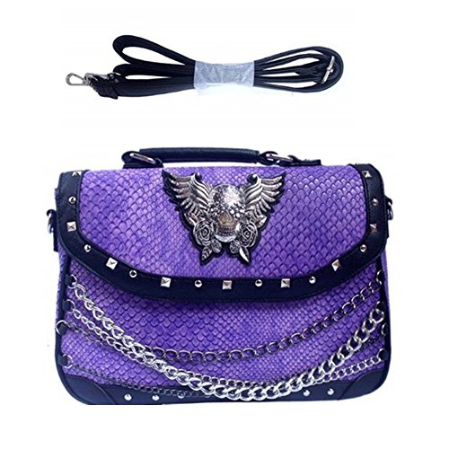 Texas West Women's Metal Skull With Wings and Chains Handbag Purse in 2 colors