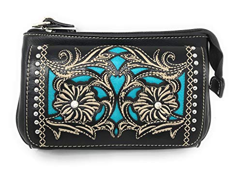 Western Rhinestone Embroidery Laser Cut Double Floral Wallet Crossbody 4 in 1 Clutch Bag Purse