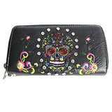 Texas West Women's Embroidered Sugar Skull Wallet Purse Clutch Wallet in 7 colors