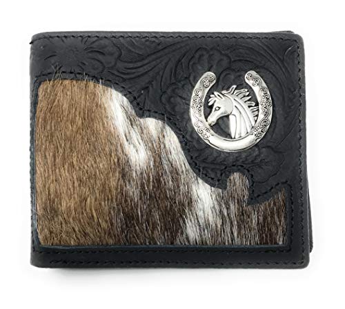Western Genuine Tooled Leather Cowhide Cow Fur Horse Mens Bifold Short Wallet in 2 colors