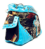 Premium Rhinestone Western Camouflage Cross Womens Shoulder Handbag Purse/Matching Wallet in 7 Colors (Blue)