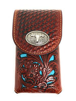 Texas West Western Cowboy Tooled Floral Leather Longhorn Concho Belt Loop Medium Cellphone Holster Case