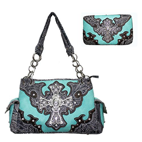 Texas West Rhinestone Women's Leather Handbag with Cross Design 8629 (Turq)