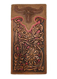 Western Mens Leather Longhorn Floral Tooled Laser Cut Long Wallet