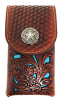 Texas West Western Cowboy Tooled Floral Leather Lone Star Concho Belt Loop Medium Cellphone Holster Case