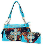 Premium Rhinestone Western Camouflage Cross Womens Shoulder Handbag Purse/Matching Wallet in 7 Colors (Blue)