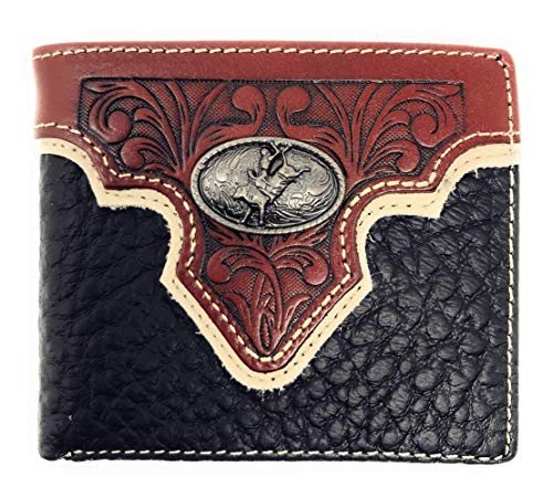Western Genuine Leather Floral Tooled Rodeo Concho Mens Short Bifold Wallet in 2 colors