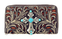 Western Laser Cut Floral Agate Cross Double Zipper Womens Wallet/Crossbody Bag