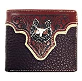 Genuine Leather Floral Tooled Longhorn Horseshoe Concho Mens Short Bifold Wallet 2 colors