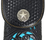 Texas West Western Cowboy Tooled Floral Leather Lone Star Concho Belt Loop Extra Large Cell Phone Holster Case (Black/Beige)