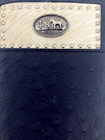 Western Men Black Genuine Leather Ostrich CowFur Metal Emblem Tooled Long Wallet