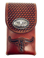 Western Cowboy Tooled Basketweave Leather Longhorn Concho Belt Loop Cellphone Holster Case in 2 Colors