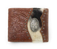 Western Genuine Tooled Leather Cowhide Cow Fur Longhorn Mens Bifold Short Wallet in 2 colors