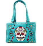 Western Sugar Skull Womens Embroidery Cross Rhinestone Concealed Carry Handbag in 5 colors (Blue)