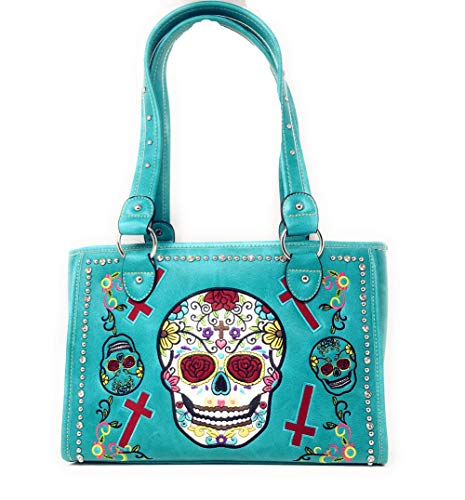 Western Sugar Skull Womens Embroidery Cross Rhinestone Concealed Carry Handbag in 5 colors (Blue)