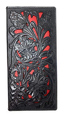 Western Genuine Leather Floral Tooled Laser Cut Mens Long Bifold Wallet in 4 colors