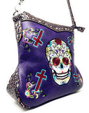 Western Sugar Skull Embroidered Rhinestone Cross Concealed Carry Crossbody Bag