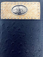 Western Men Black Genuine Leather Ostrich CowFur Metal Emblem Tooled Long Wallet