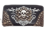 Texas West Rhinestone Embroidered Metal Skull Leather Womens Concealed Carry Handbag With Matching Wallet 6 colors (Black)