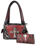 Premium Rhinestone Cross Cut Out Western Embroidered Womens Concealed Carry Handbag With Matching Wallet in 5 colors