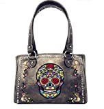 Western Sugar Skull Rhinestone Flora Embroider Concealed Carry Purse/Multi Color