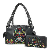 Texas West Women's Embroide Sugar Skull Handbag Purse Wallet Set in Multi Color